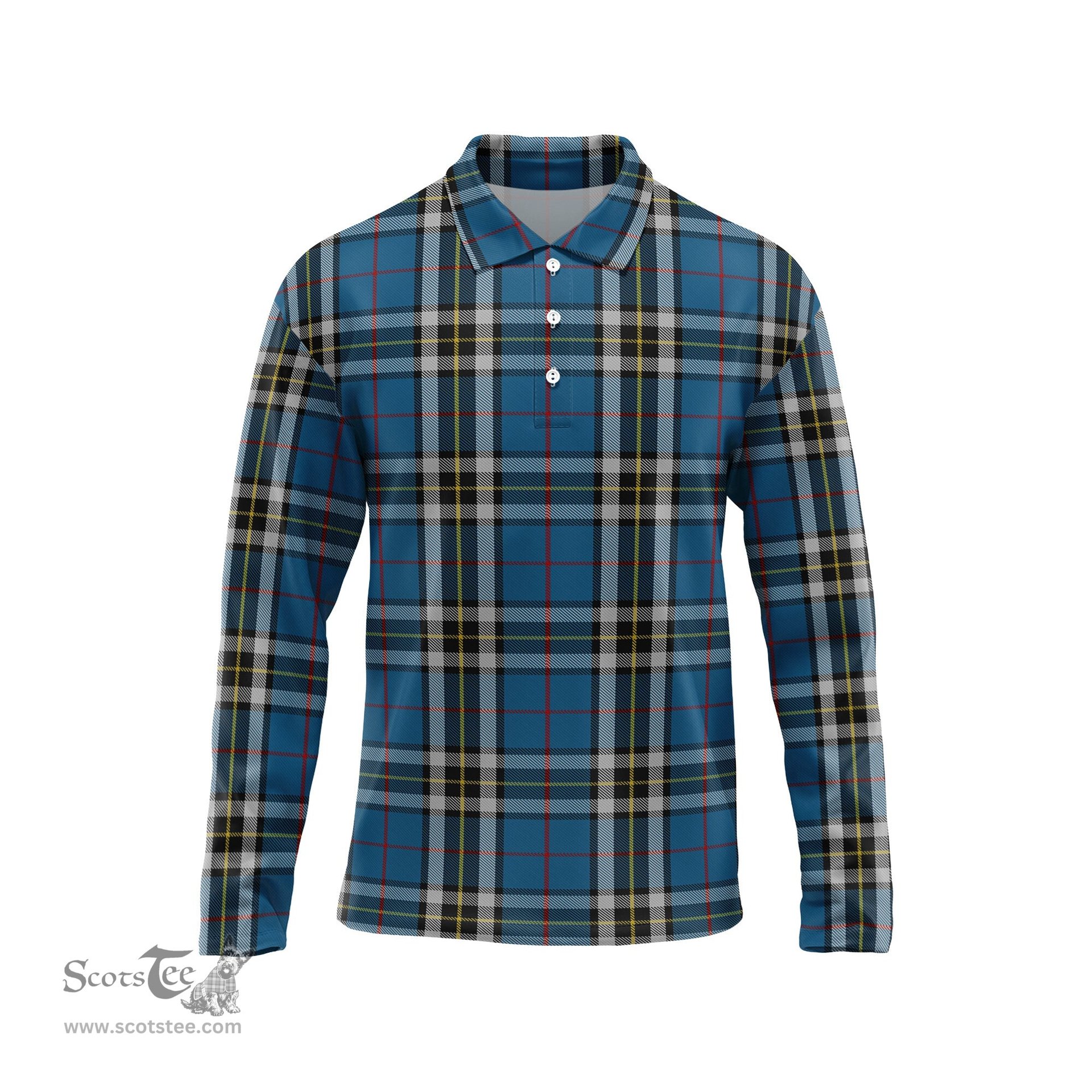 Scottish Thomson Dress Blue Tartan Long Sleeve Plaid Polo Shirt