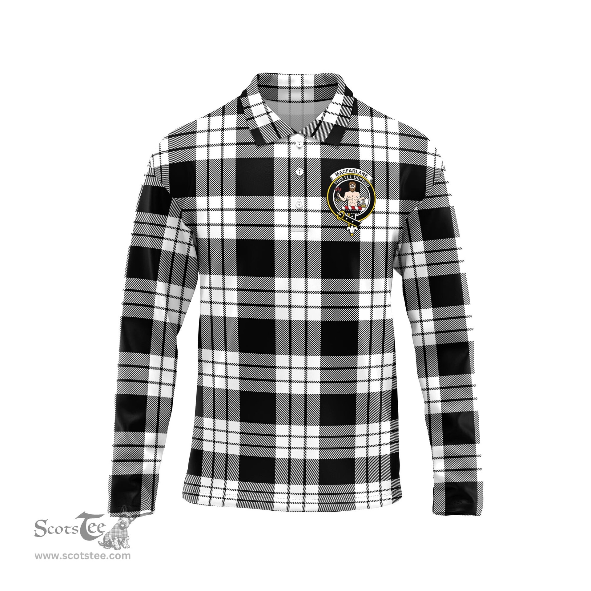 Scottish MacFarlane Black White Clan Crest Tartan Polo Long Sleeve Plaid Polo Shirt
