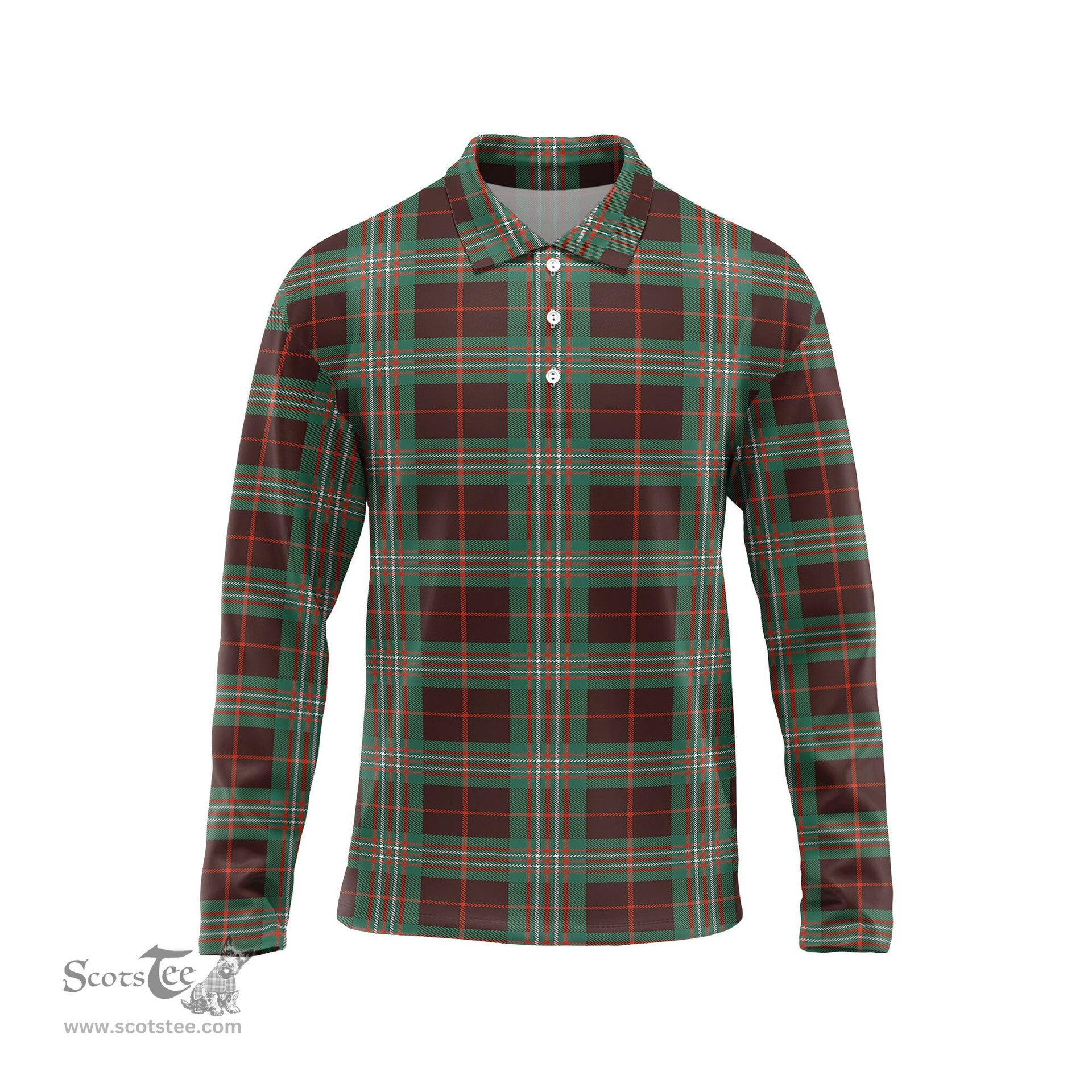 Scottish Scott Brown Ancient Tartan Long Sleeve Plaid Polo Shirt