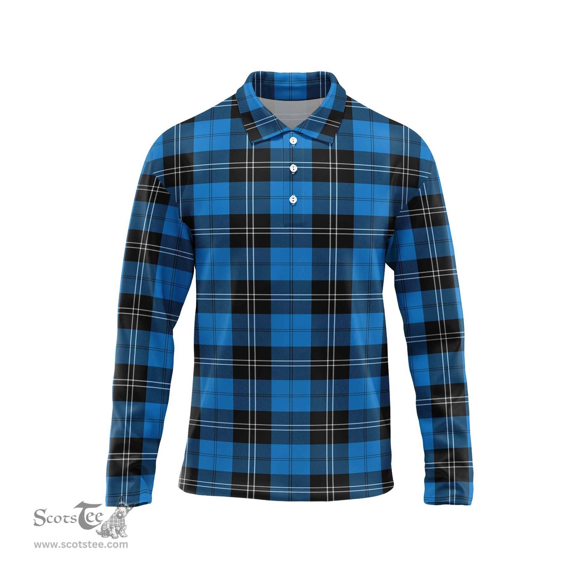 Scottish Ramsay Blue Ancient Tartan Long Sleeve Plaid Polo Shirt