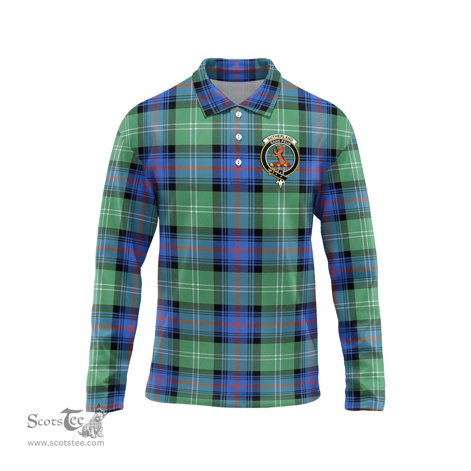 Scottish Sutherland Ancient Clan Crest Tartan Polo Long Sleeve Plaid Polo Shirt