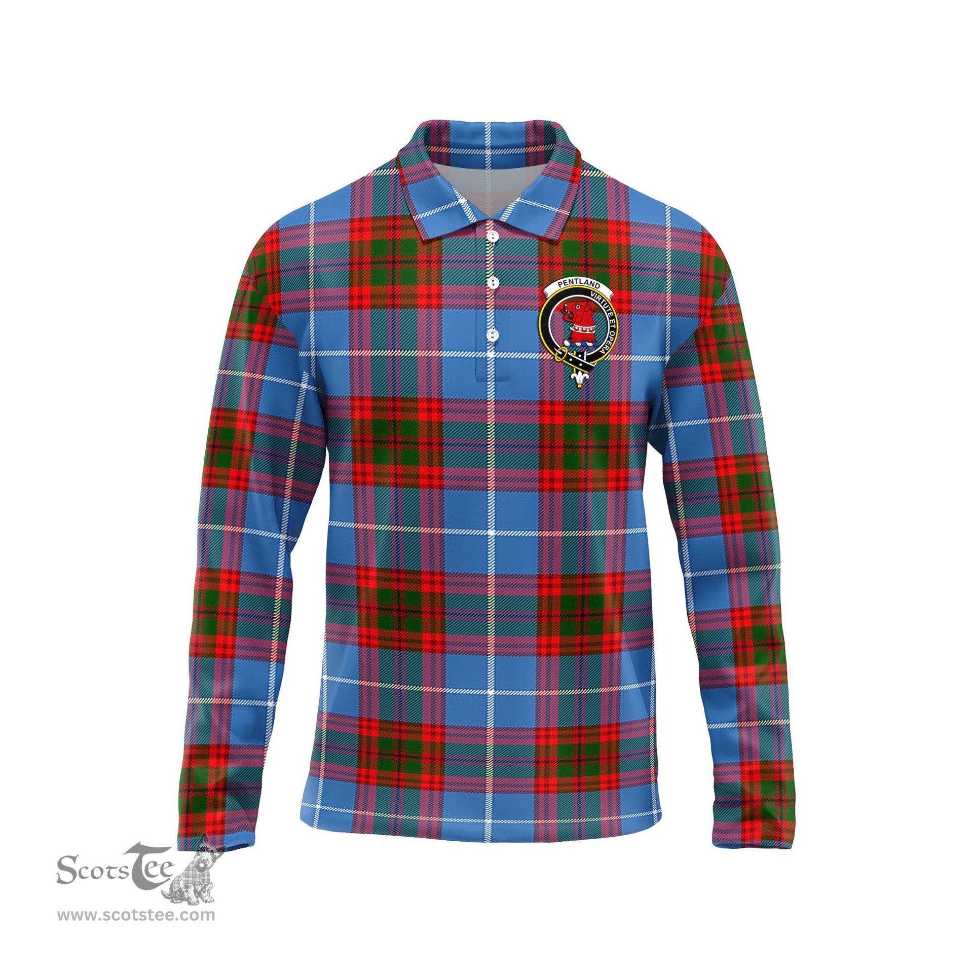 Scottish Pentland Clan Crest Tartan Polo Long Sleeve Plaid Polo Shirt
