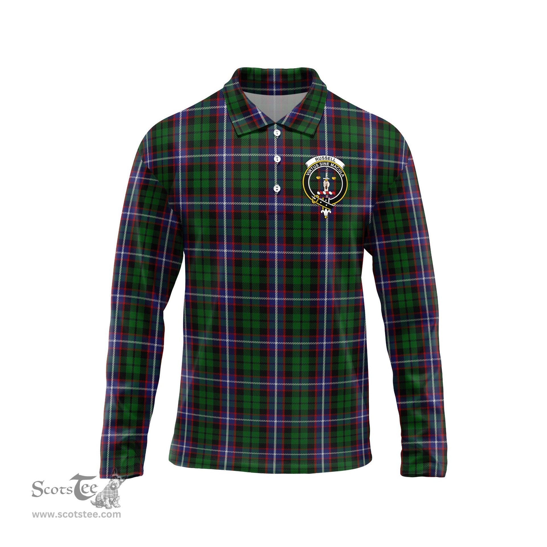 Scottish Russell Clan Crest Tartan Polo Long Sleeve Plaid Polo Shirt