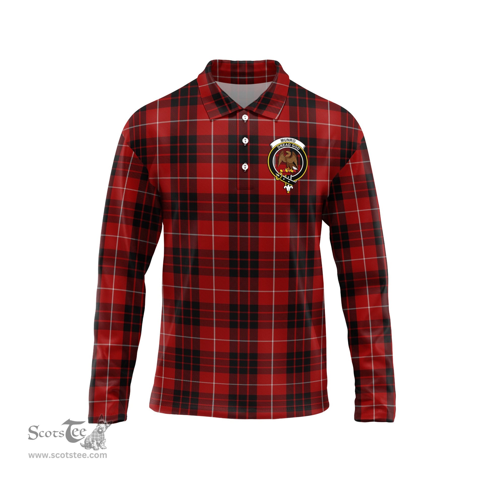 Scottish Munro Black and Red Clan Crest Tartan Polo Long Sleeve Plaid Polo Shirt