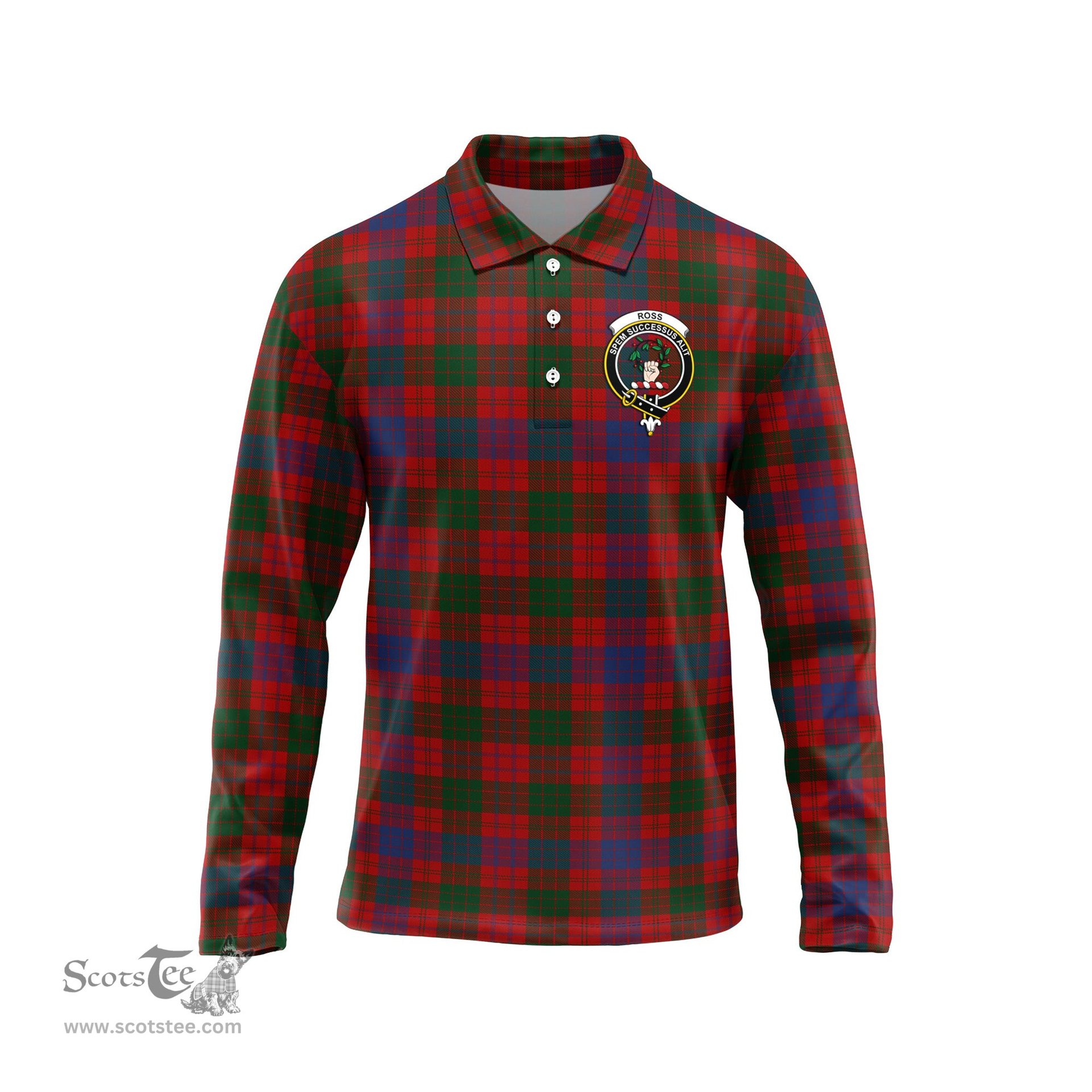 Scottish Ross Clan Crest Tartan Polo Long Sleeve Plaid Polo Shirt