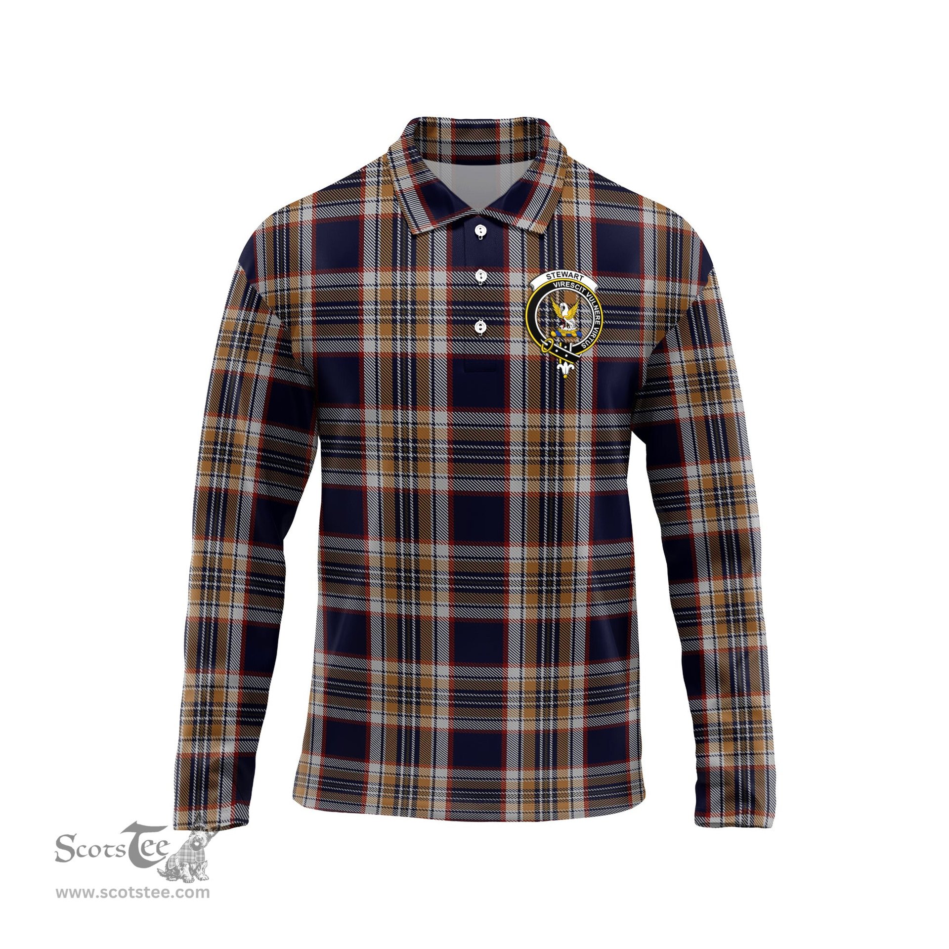 Scottish Stewart Navy Clan Crest Tartan Polo Long Sleeve Plaid Polo Shirt