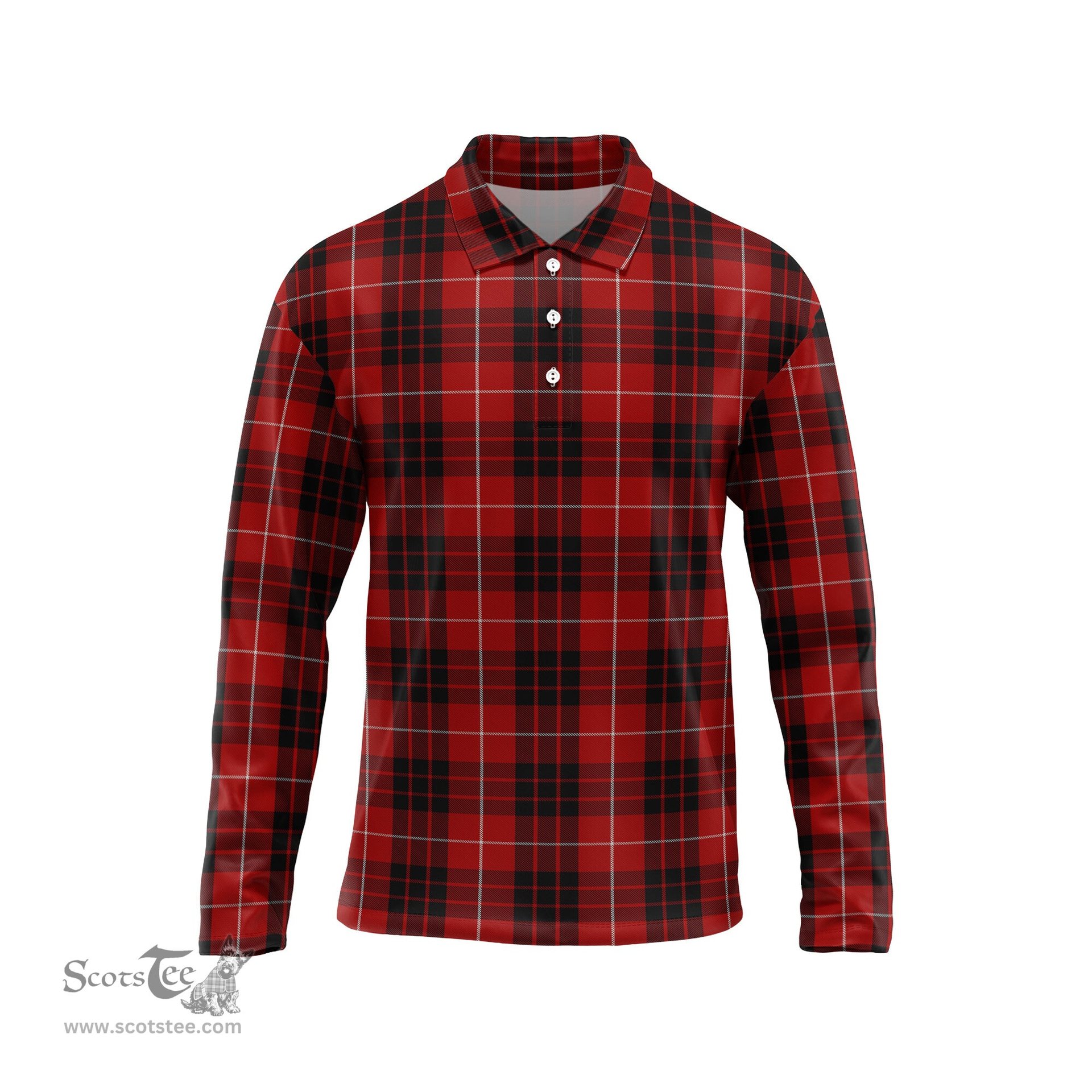 Scottish Munro Black and Red Tartan Long Sleeve Plaid Polo Shirt