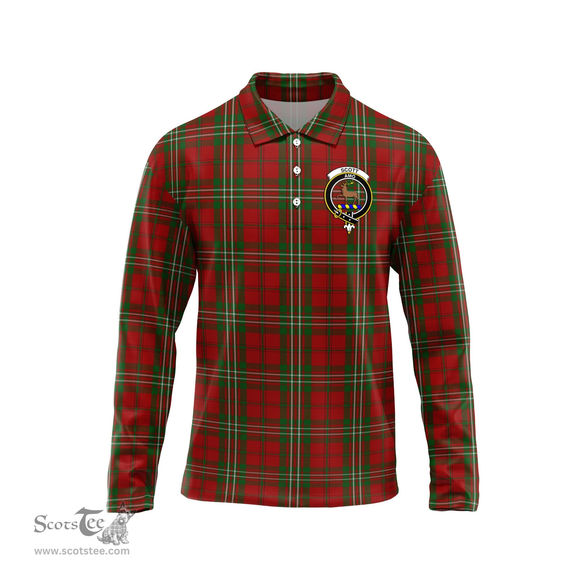 Scottish Scott Clan Crest Tartan Polo Long Sleeve Plaid Polo Shirt