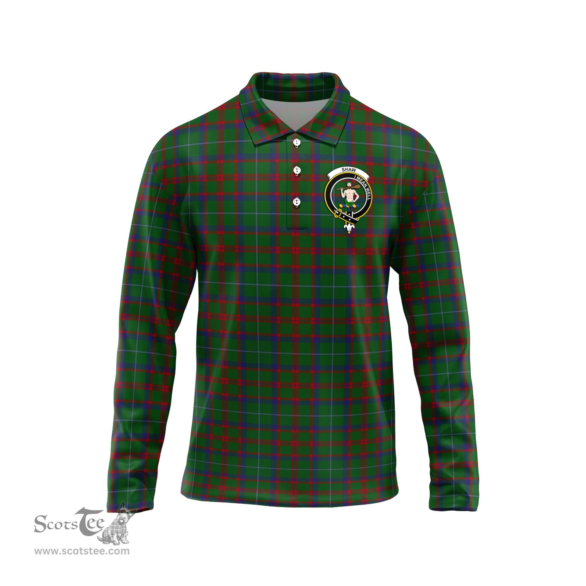 Scottish Shaw of Tordarroch Green Hunting Clan Crest Tartan Polo Long Sleeve Plaid Polo Shirt