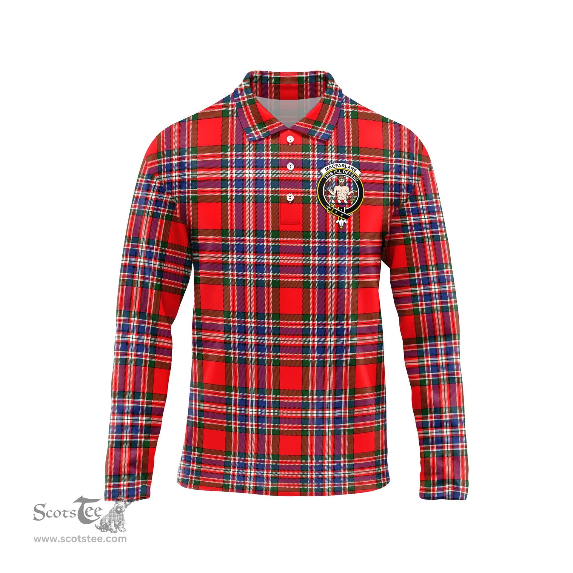 Scottish MacFarlane Modern Clan Crest Tartan Polo Long Sleeve Plaid Polo Shirt