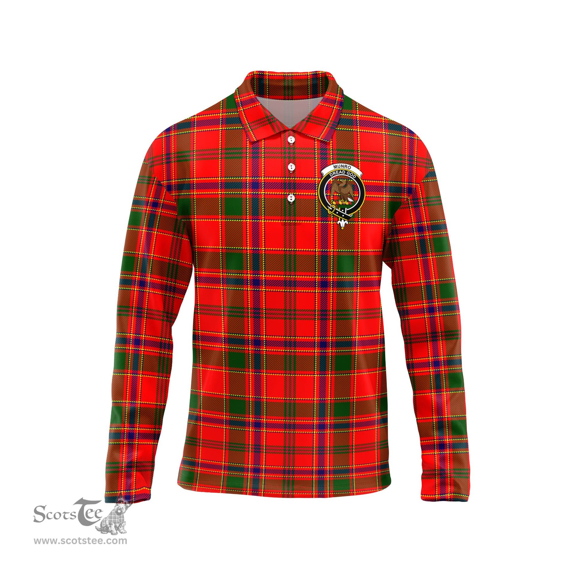 Scottish Munro Modern Clan Crest Tartan Polo Long Sleeve Plaid Polo Shirt