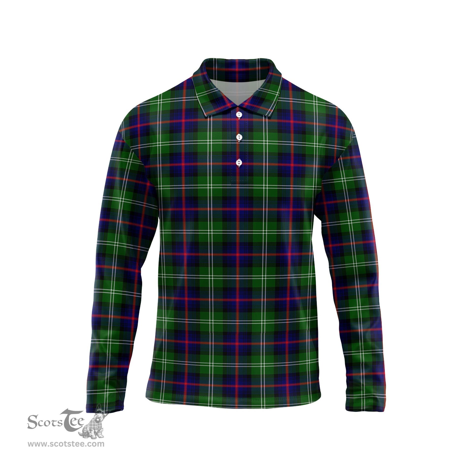 Scottish Sutherland Modern Tartan Long Sleeve Plaid Polo Shirt