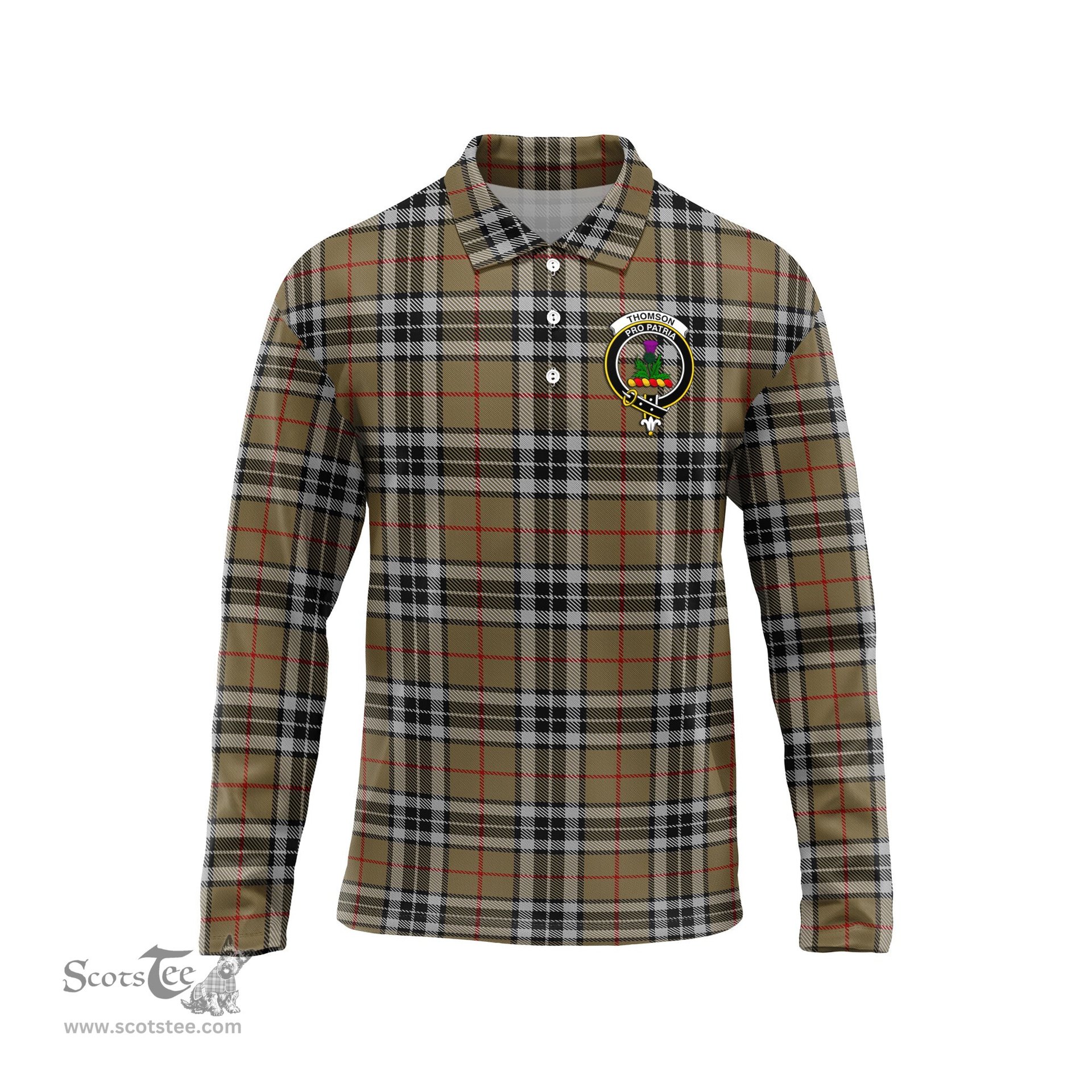 Scottish Thomson Camel Clan Crest Tartan Polo Long Sleeve Plaid Polo Shirt