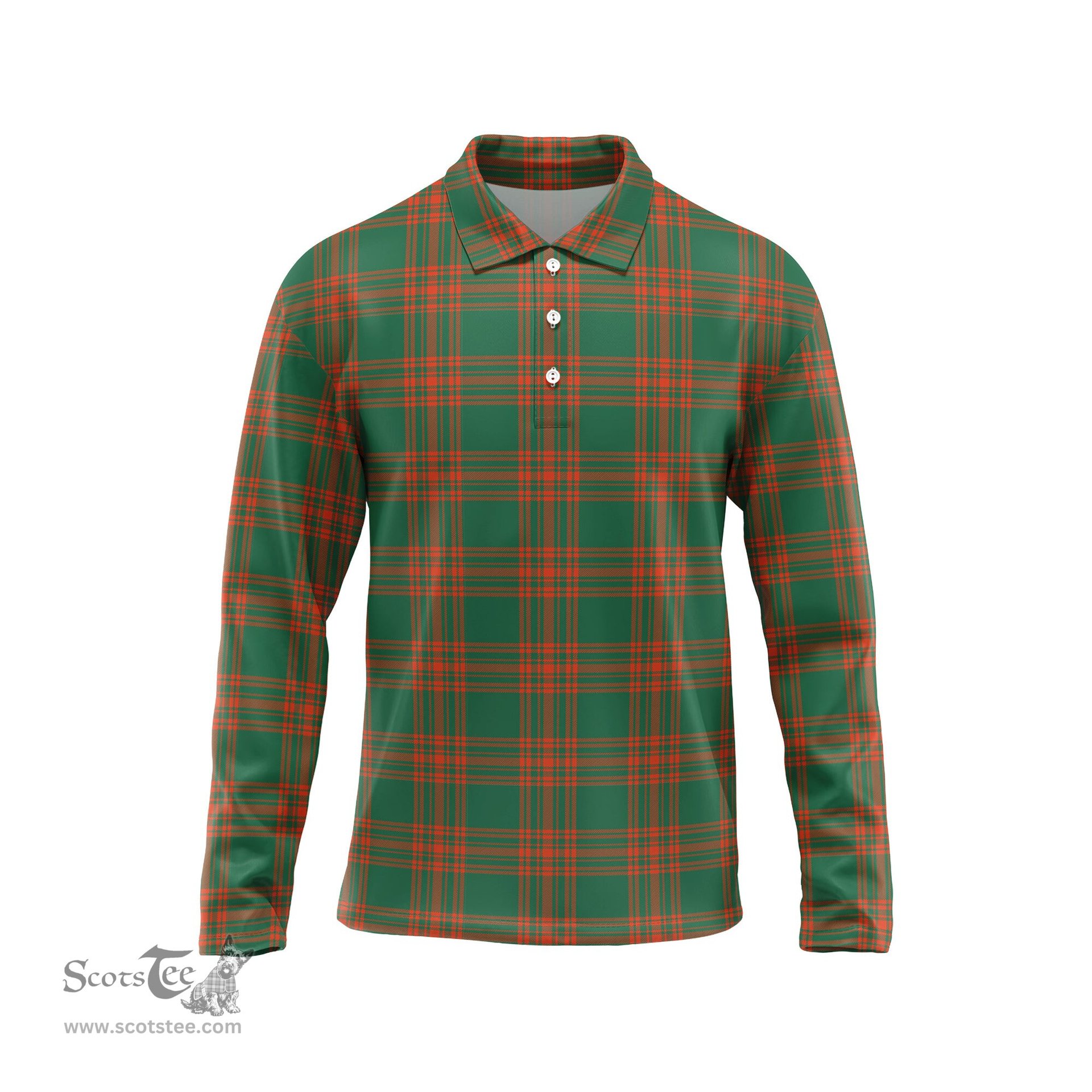 Scottish Menzies Green Ancient Tartan Long Sleeve Plaid Polo Shirt