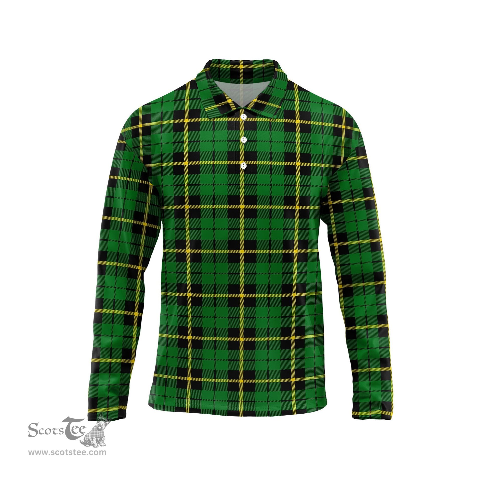 Scottish Wallace Hunting Green Tartan Long Sleeve Plaid Polo Shirt