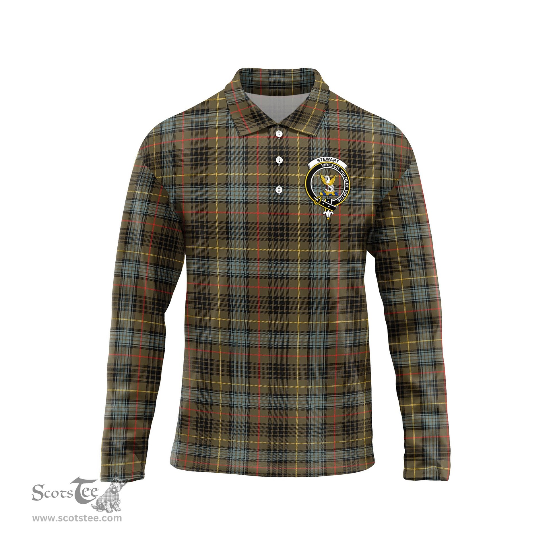 Scottish Stewart Hunting Weathered Clan Crest Tartan Polo Long Sleeve Plaid Polo Shirt