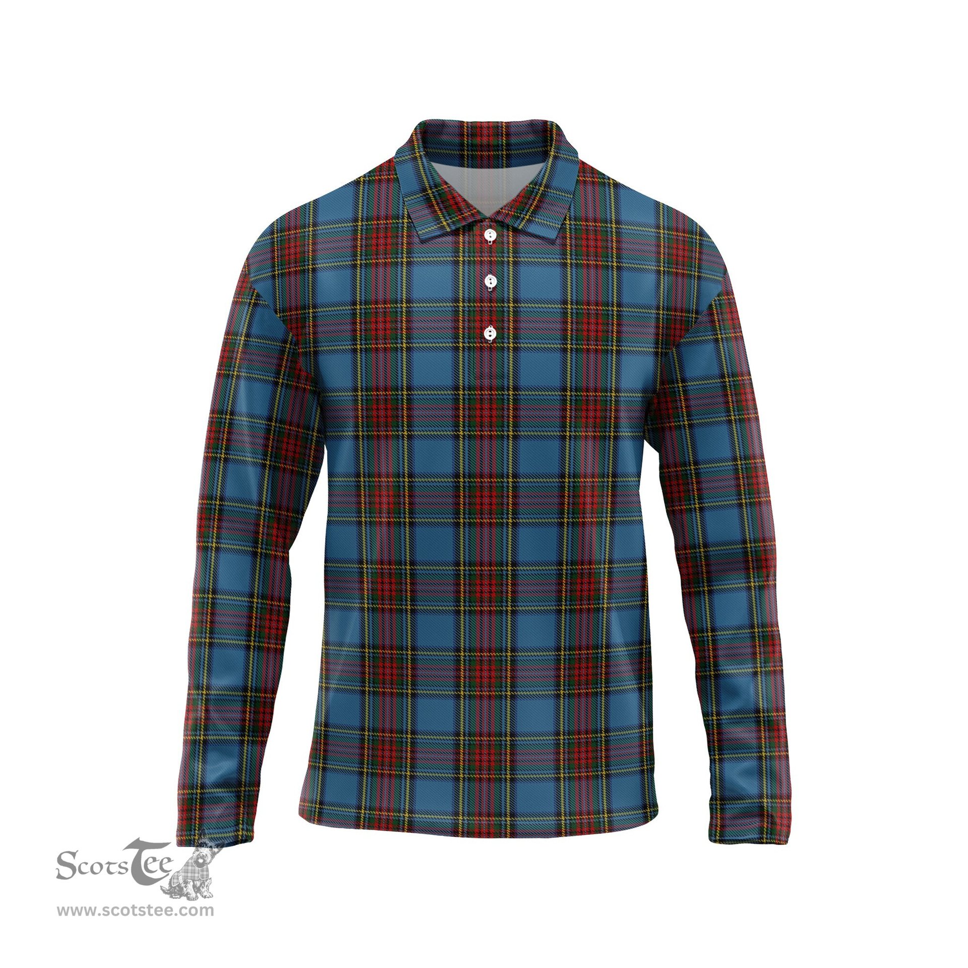 Scottish Stewart Royal Blue Tartan Long Sleeve Plaid Polo Shirt