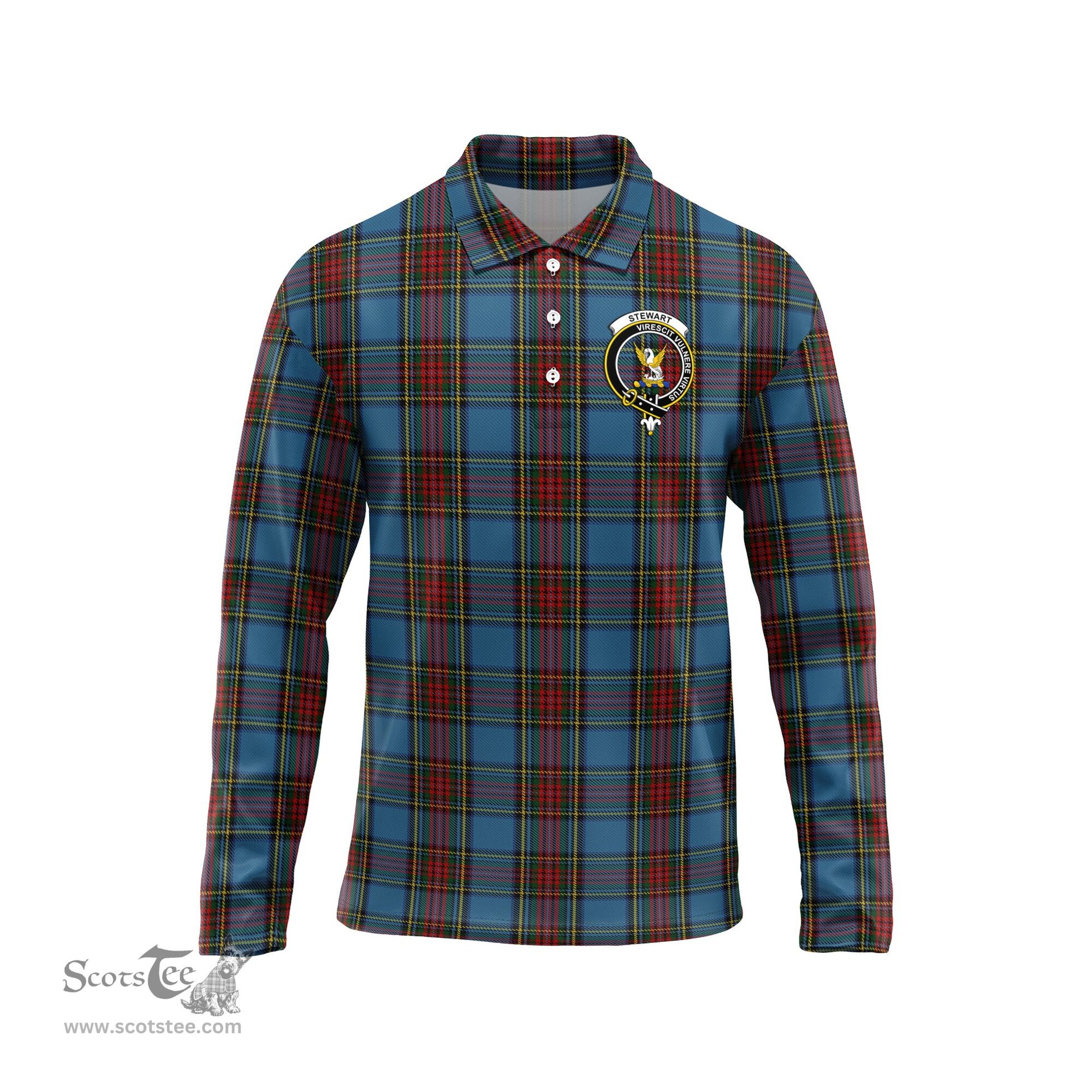 Scottish Stewart Royal Blue Clan Crest Tartan Polo Long Sleeve Plaid Polo Shirt