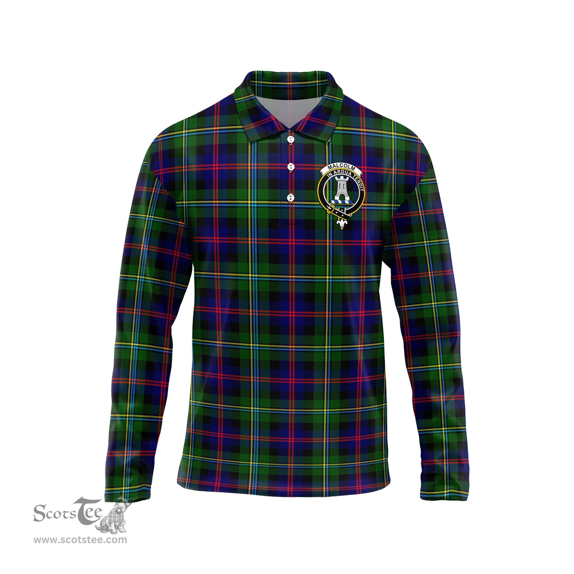 Scottish Malcolm Clan Crest Tartan Polo Long Sleeve Plaid Polo Shirt
