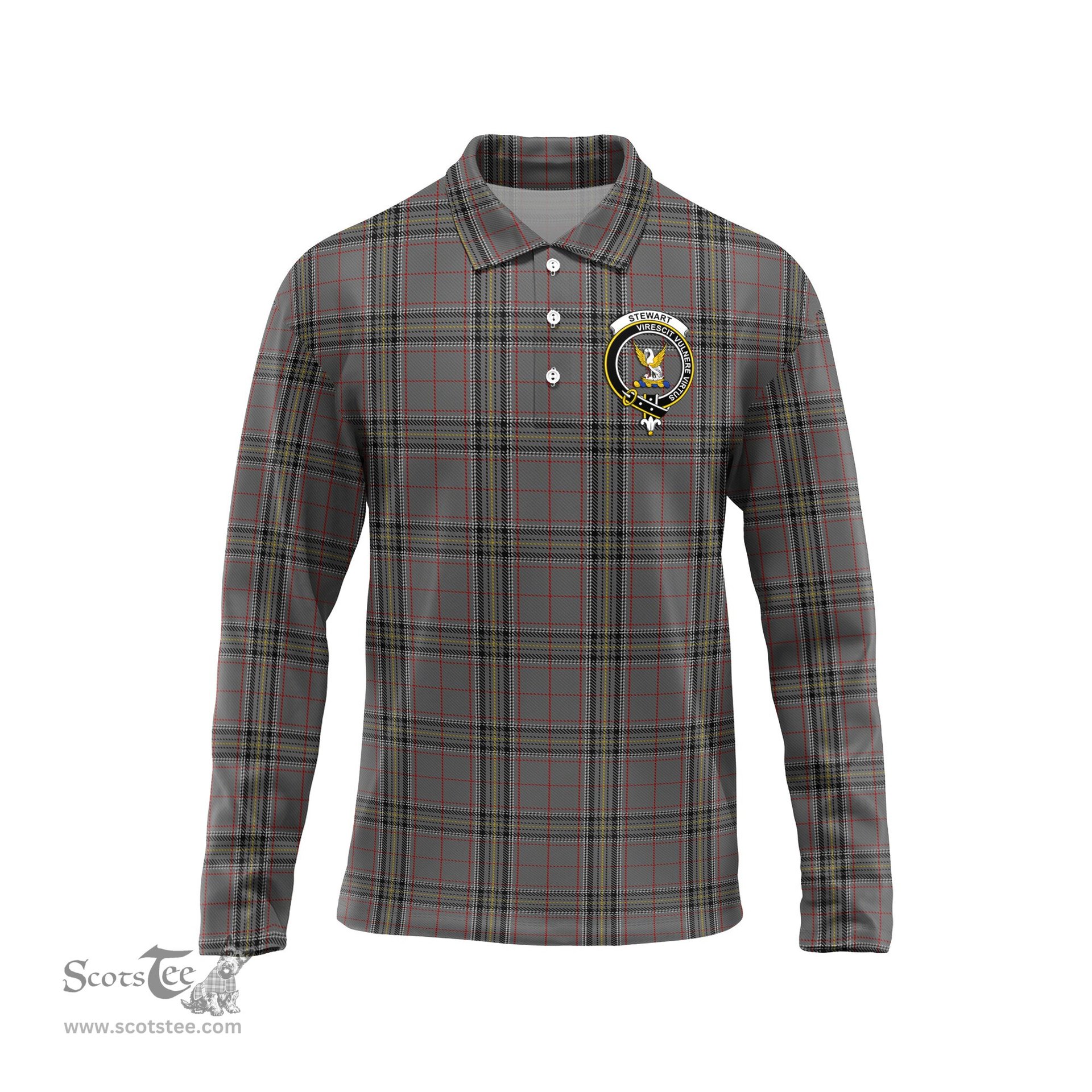 Scottish Stewart Grey Clan Crest Tartan Polo Long Sleeve Plaid Polo Shirt