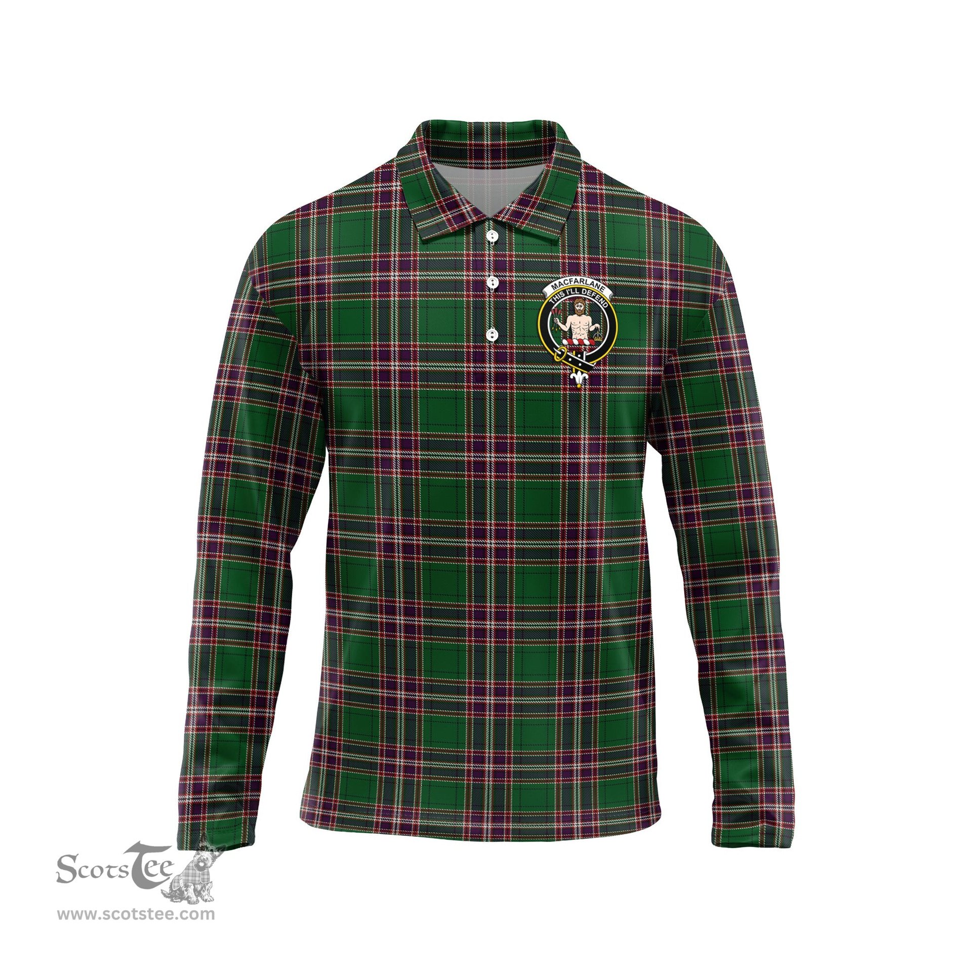 Scottish MacFarlane Hunting Clan Crest Tartan Polo Long Sleeve Plaid Polo Shirt