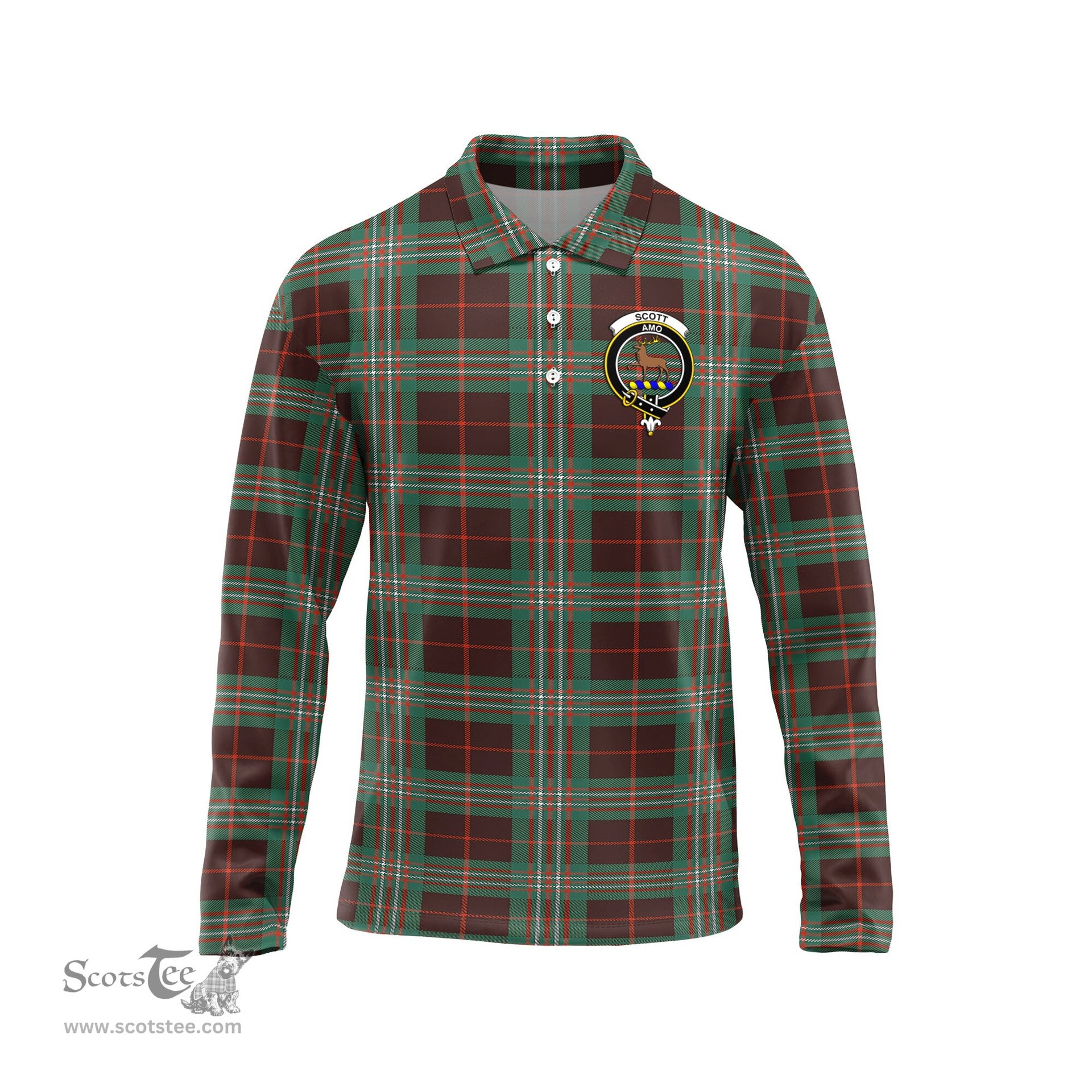Scottish Scott Brown Ancient Clan Crest Tartan Polo Long Sleeve Plaid Polo Shirt