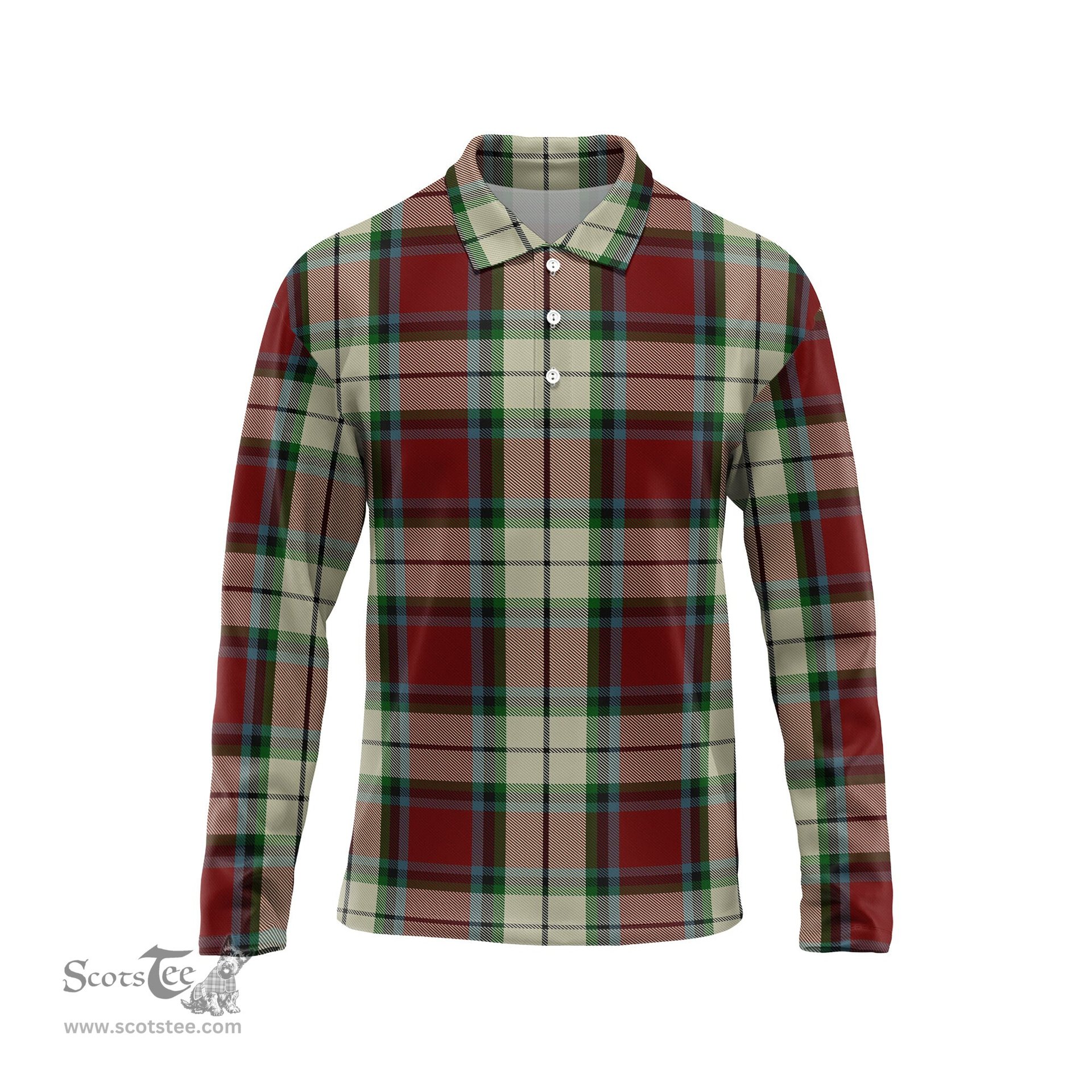 Scottish Rose White Dress Tartan Long Sleeve Plaid Polo Shirt