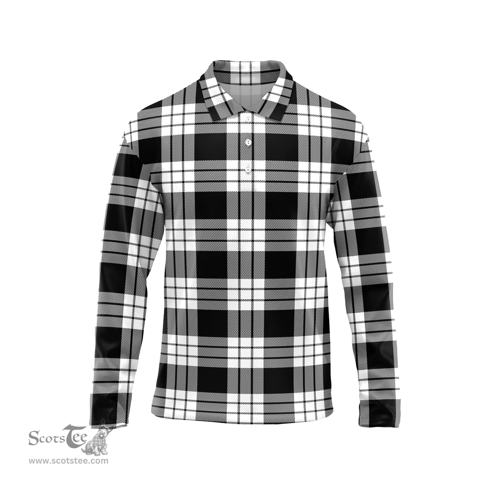Scottish MacFarlane Black White Tartan Long Sleeve Plaid Polo Shirt