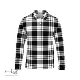 Scottish MacFarlane Black White Tartan Long Sleeve Plaid Polo Shirt