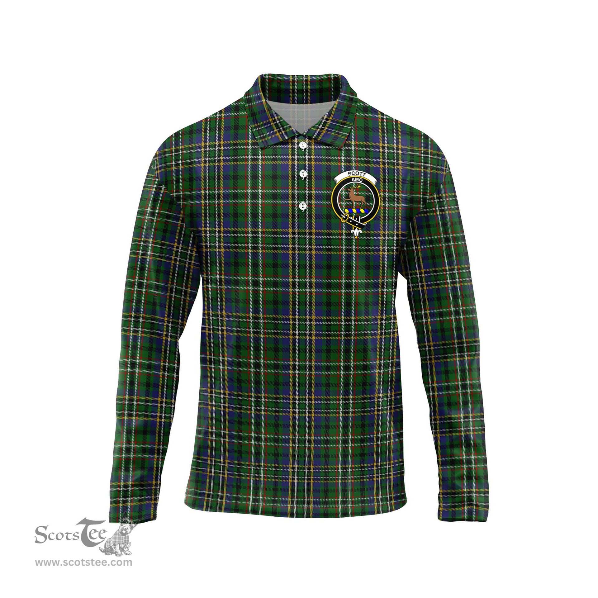 Scottish Scott Green Clan Crest Tartan Polo Long Sleeve Plaid Polo Shirt