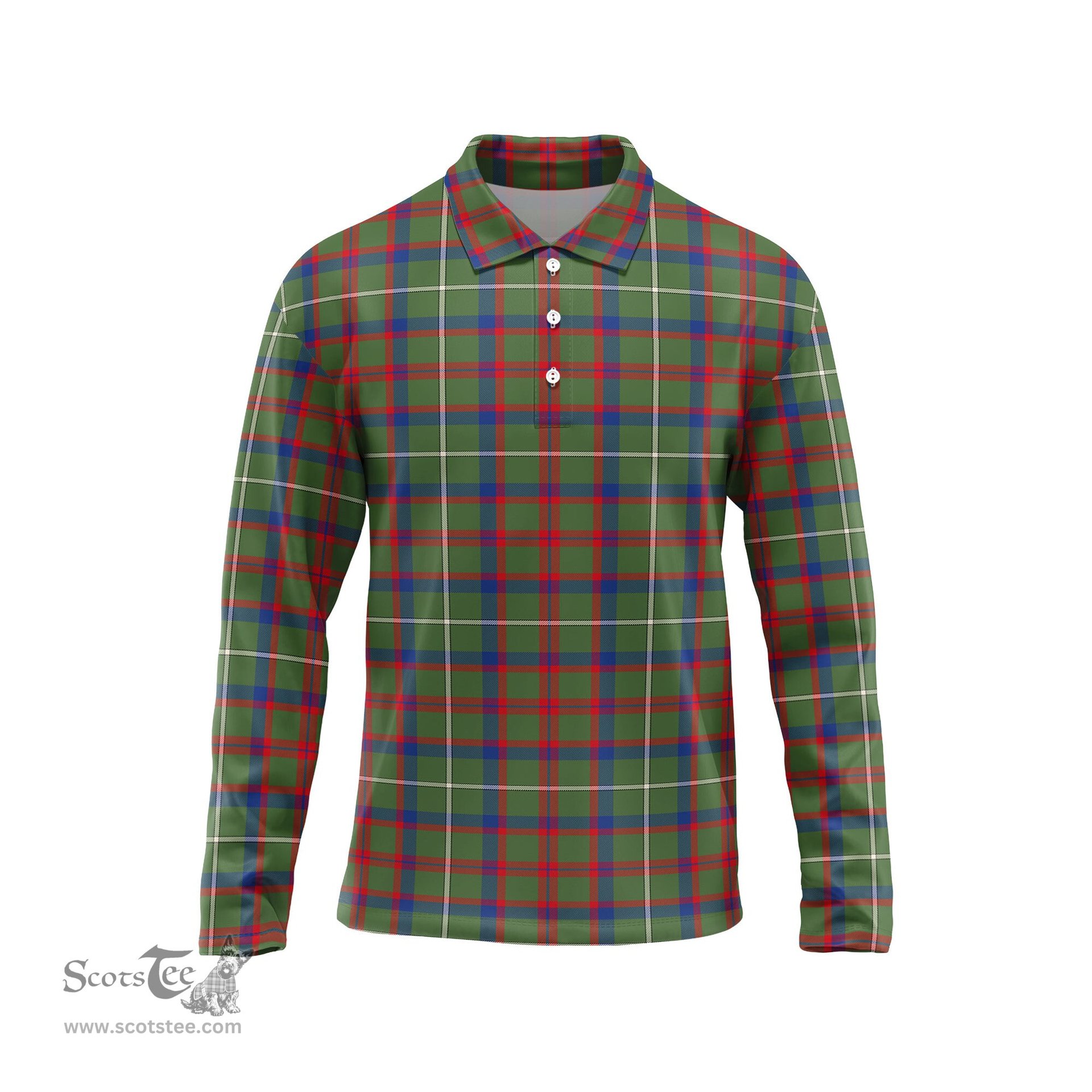 Scottish Shaw Green Modern Tartan Long Sleeve Plaid Polo Shirt