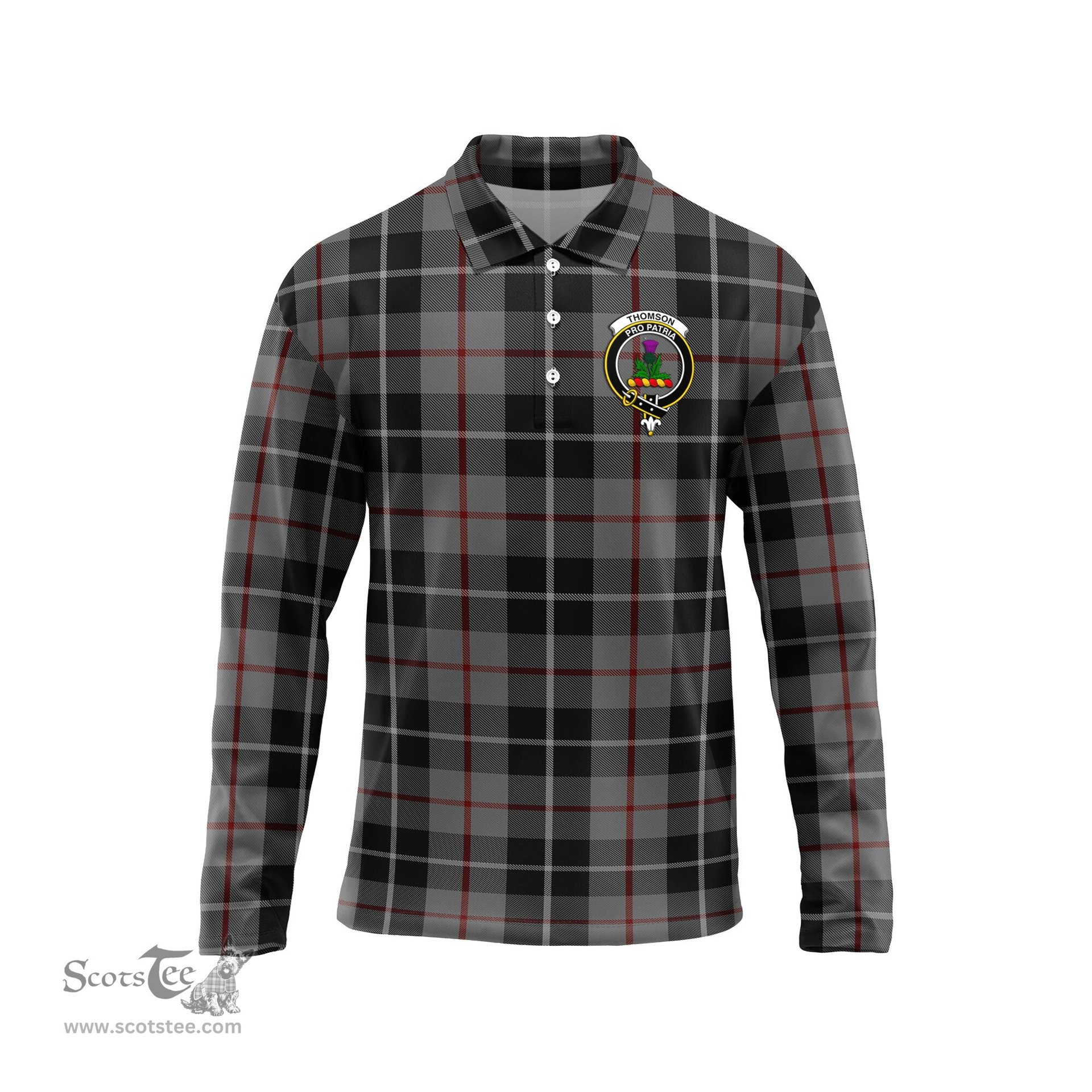 Scottish Thompson Grey Clan Crest Tartan Polo Long Sleeve Plaid Polo Shirt