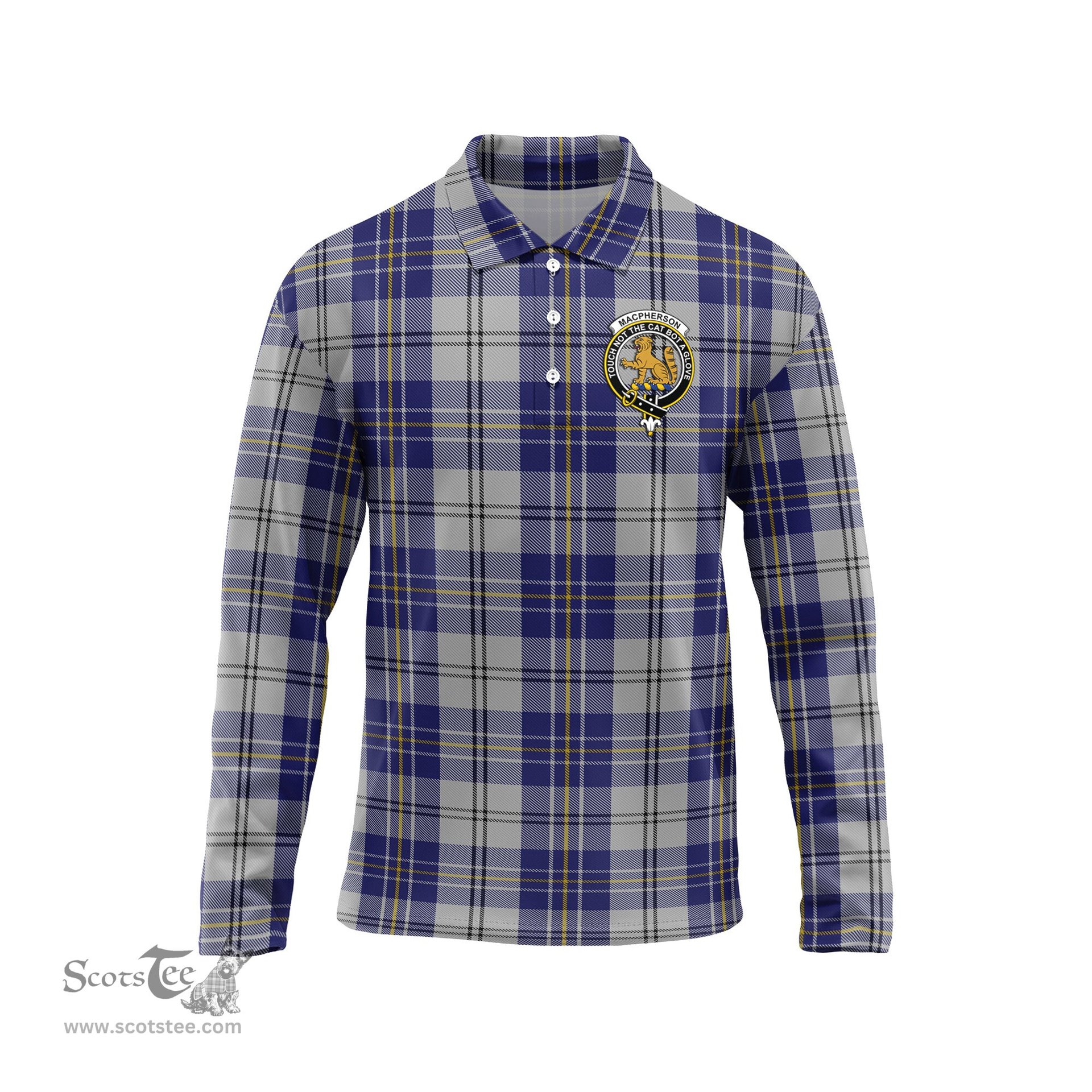 Scottish MacPherson Dress Blue Clan Crest Tartan Polo Long Sleeve Plaid Polo Shirt
