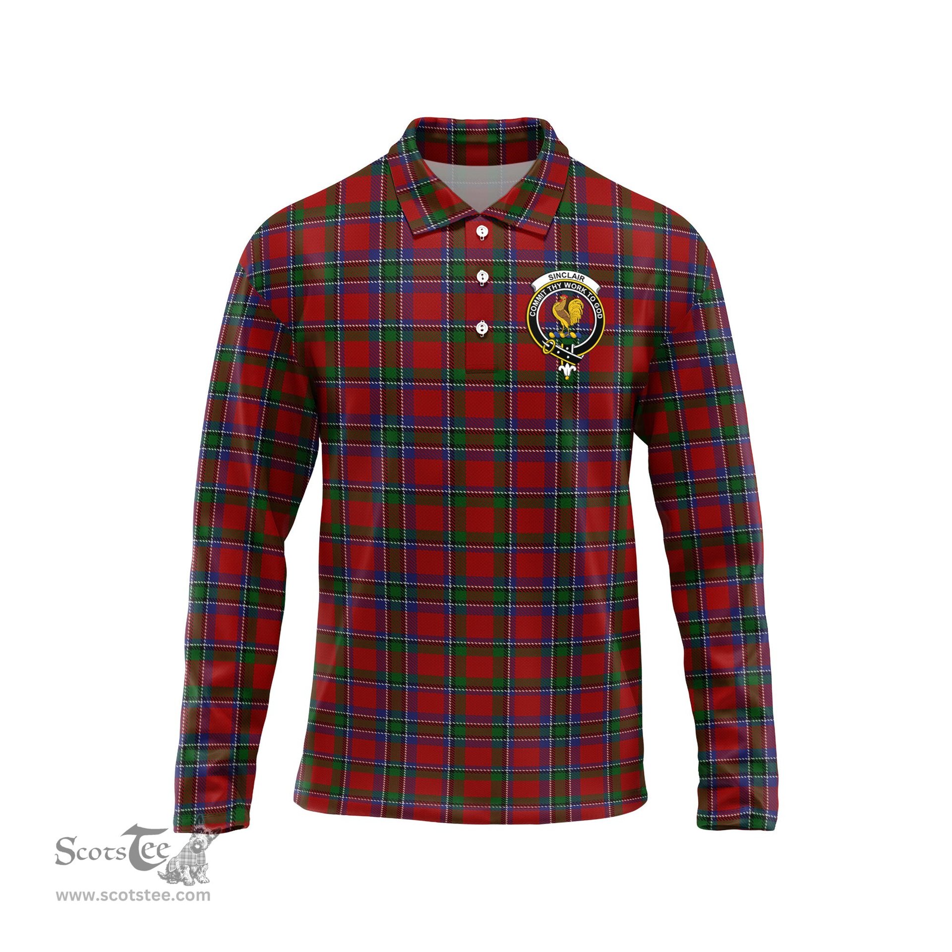 Scottish Sinclair Clan Crest Tartan Polo Long Sleeve Plaid Polo Shirt