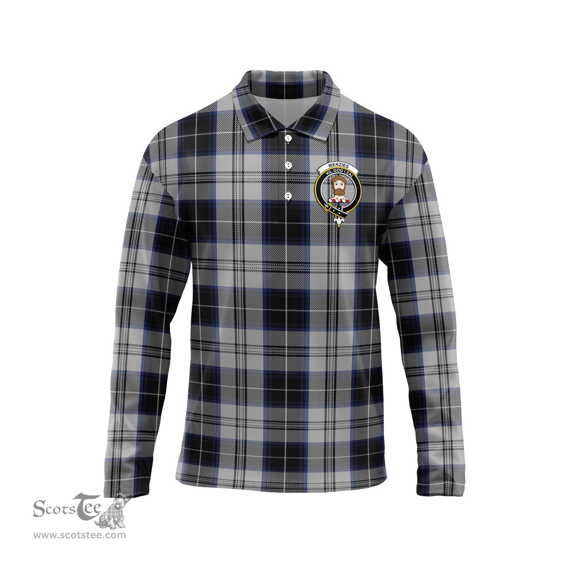 Scottish Menzies Black Dress Clan Crest Tartan Polo Long Sleeve Plaid Polo Shirt