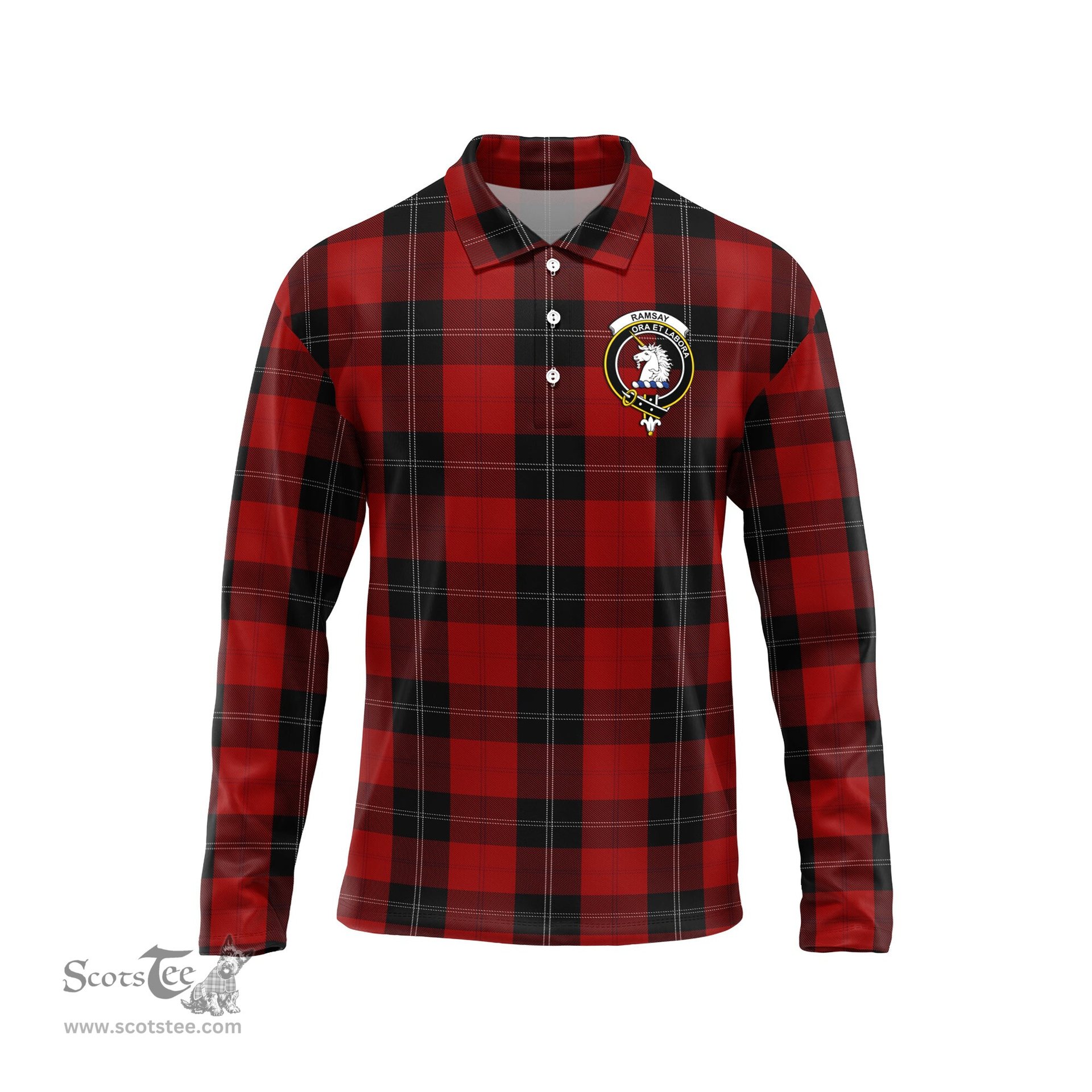 Scottish Ramsay Clan Crest Tartan Polo Long Sleeve Plaid Polo Shirt