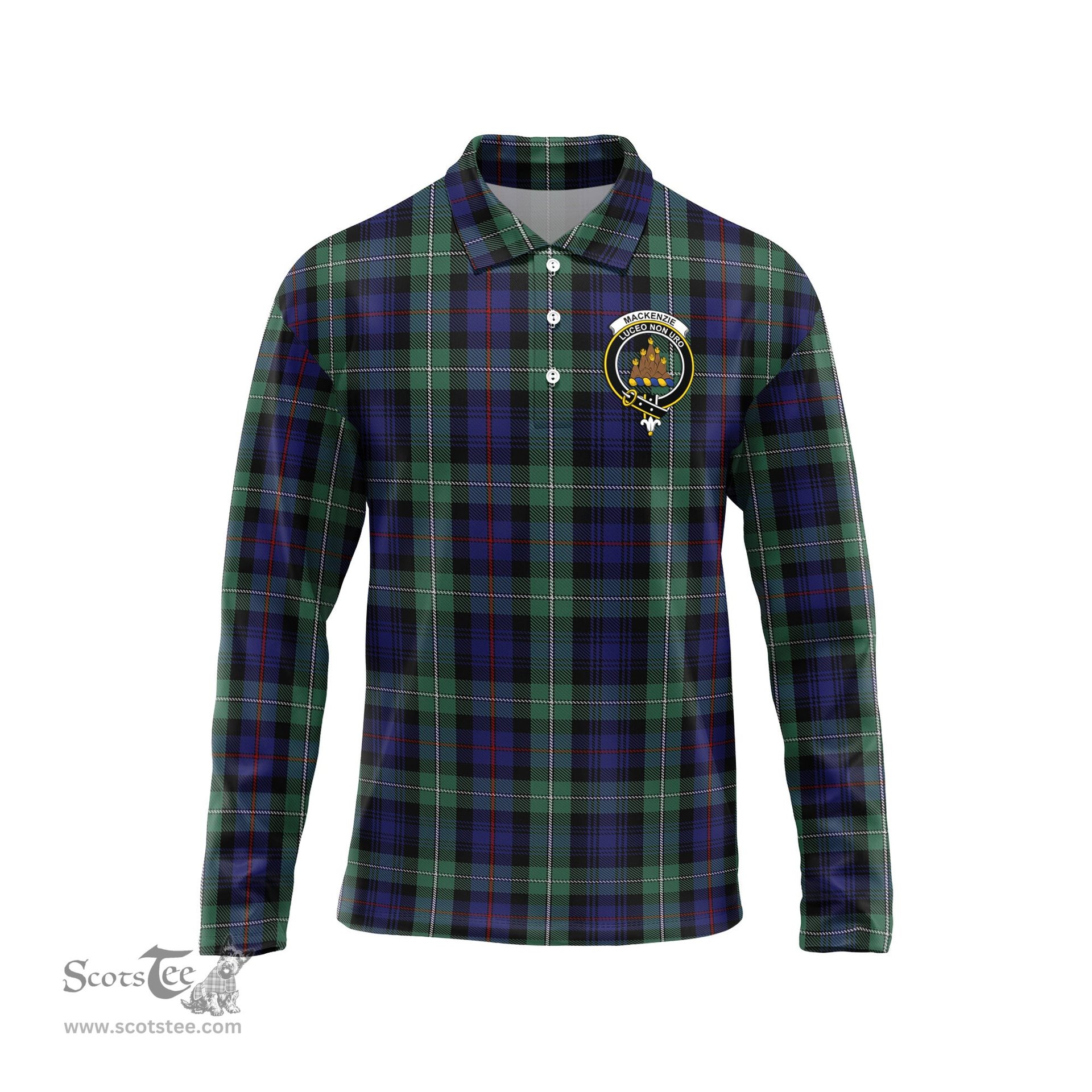 Scottish MacKenzie Hunting Green Clan Crest Tartan Polo Long Sleeve Plaid Polo Shirt