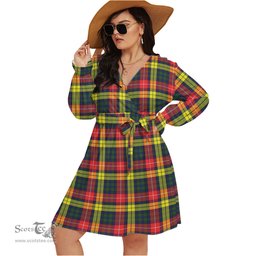 Scottish Buchanan Modern Clan Tartan Womens V-neck Dress With Waistband Tartan Dress Plus Size