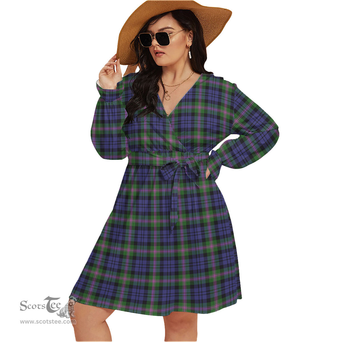 Scottish Baird Modern Clan Tartan Womens V-neck Dress With Waistband Tartan Dress Plus Size