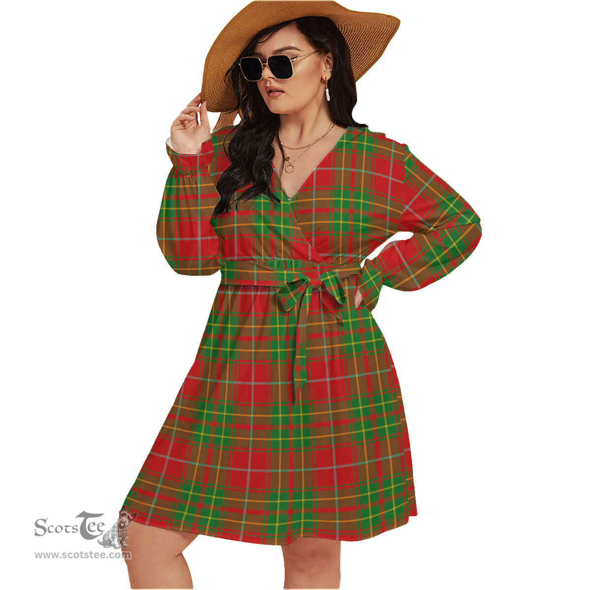 Scottish Burnett Ancient Clan Tartan Womens V-neck Dress With Waistband Tartan Dress Plus Size