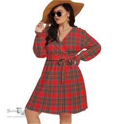 Scottish Binning Clan Tartan Womens V-neck Dress With Waistband Tartan Dress Plus Size