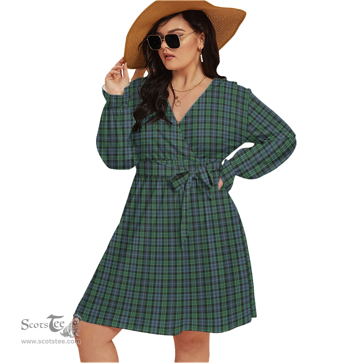 Scottish Arbuthnot Clan Tartan Womens V-neck Dress With Waistband Tartan Dress Plus Size