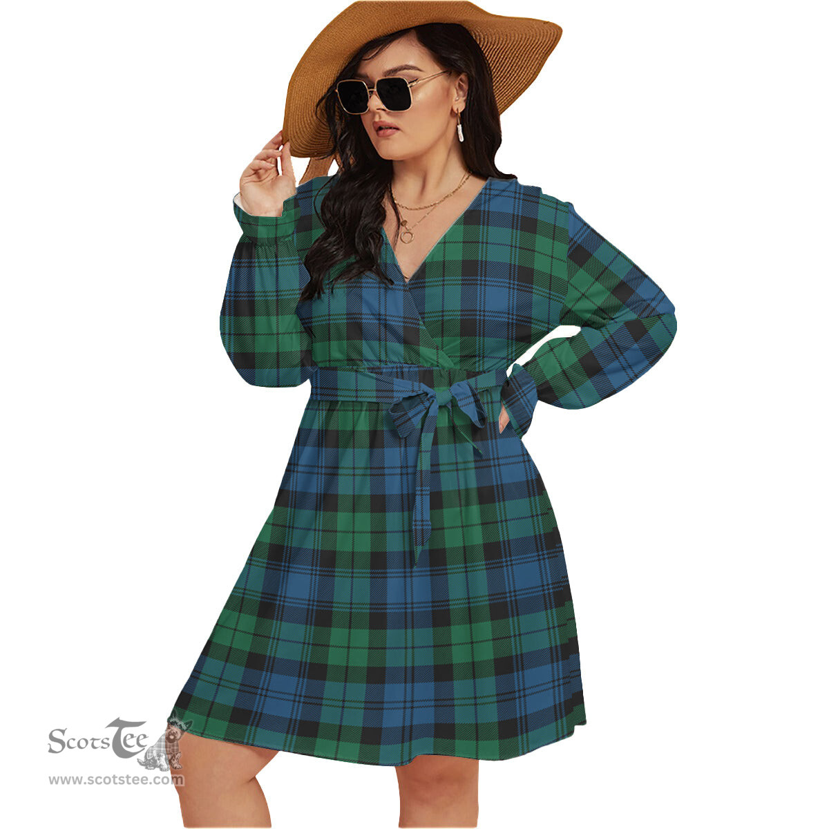 Scottish Black Watch Ancient Clan Tartan Womens V-neck Dress With Waistband Tartan Dress Plus Size