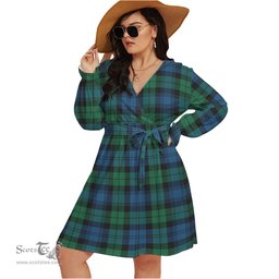 Scottish Black Watch Ancient Clan Tartan Womens V-neck Dress With Waistband Tartan Dress Plus Size
