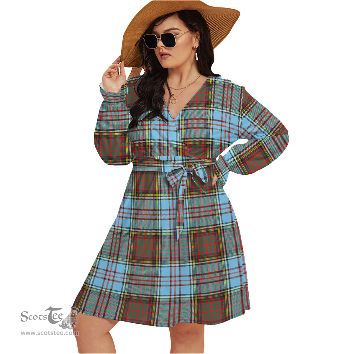 Scottish Anderson Ancient Clan Tartan Womens V-neck Dress With Waistband Tartan Dress Plus Size