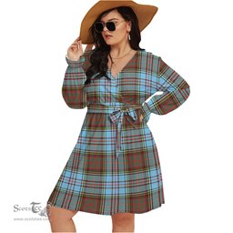 Scottish Anderson Ancient Clan Tartan Womens V-neck Dress With Waistband Tartan Dress Plus Size