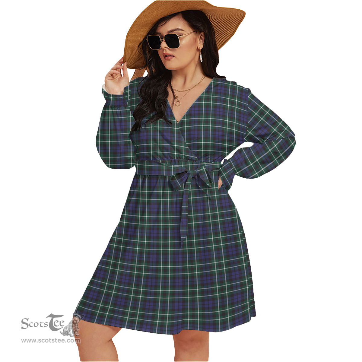 Scottish Allardice Clan Tartan Womens V-neck Dress With Waistband Tartan Dress Plus Size