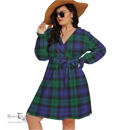 Scottish Black Watch Modern Clan Tartan Womens V-neck Dress With Waistband Tartan Dress Plus Size