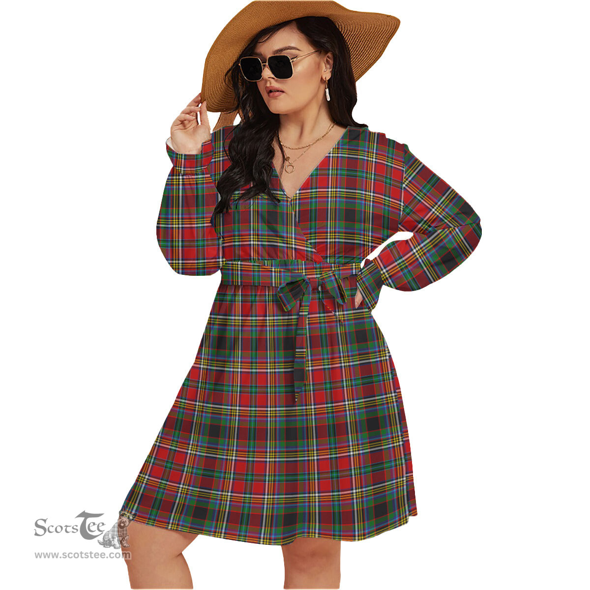 Scottish Anderson of Arbrake Clan Tartan Womens V-neck Dress With Waistband Tartan Dress Plus Size