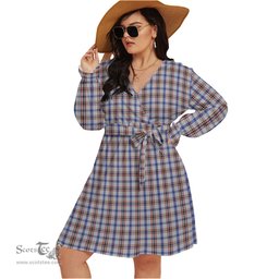 Scottish Boswell Clan Tartan Womens V-neck Dress With Waistband Tartan Dress Plus Size